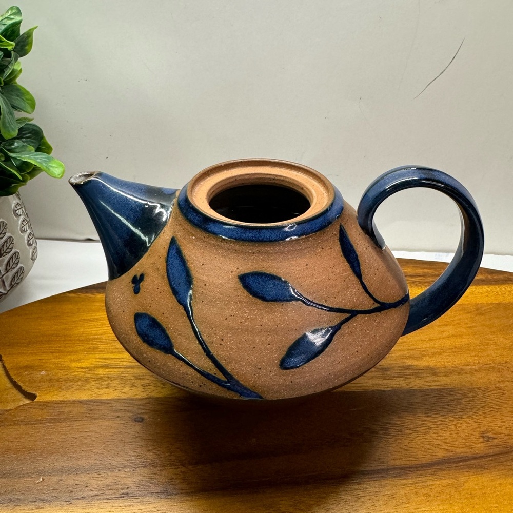 Art Pottery Clay And  Cobalt Blue Flower Teapot